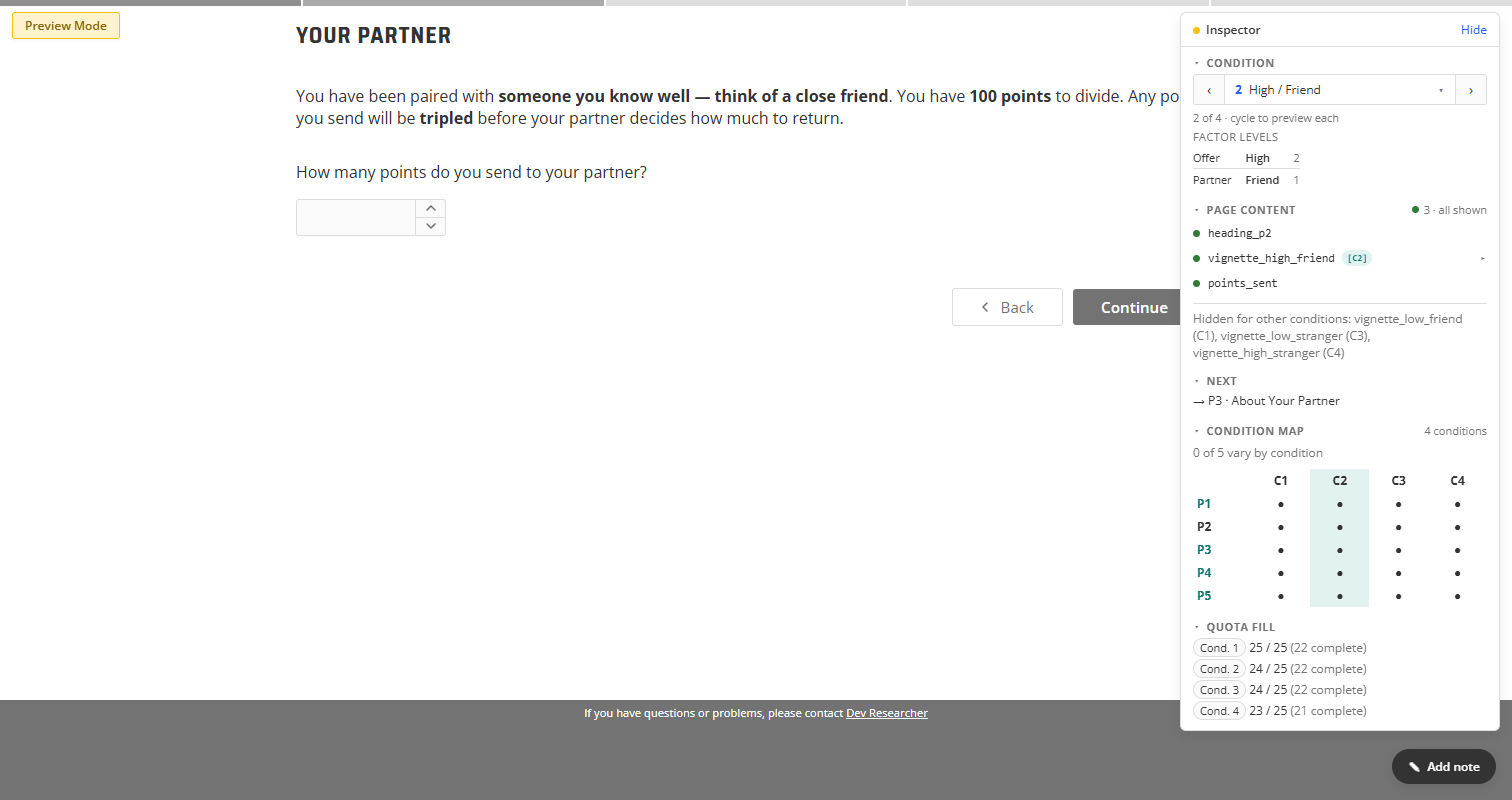 A survey page in researcher preview with the inspector panel open, showing a condition cycler set to condition 2 of 4 and the page content that is hidden for other conditions.
