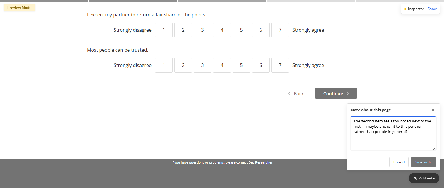 The floating note composer open over a survey page, with a short page-tagged note drafted for the researcher.